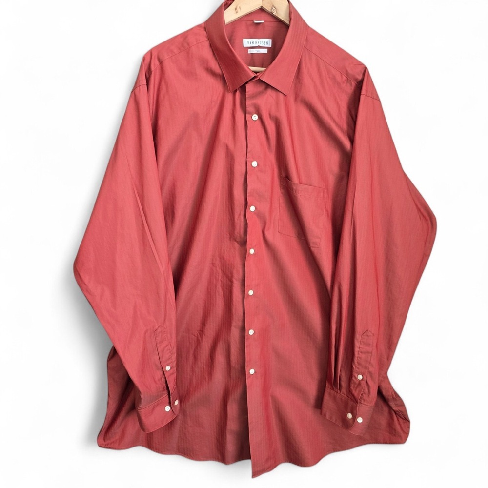 Van Heusen Dress Shirt Mens 19 37/38 Tall Brick Red Button Up Wrinkle Free